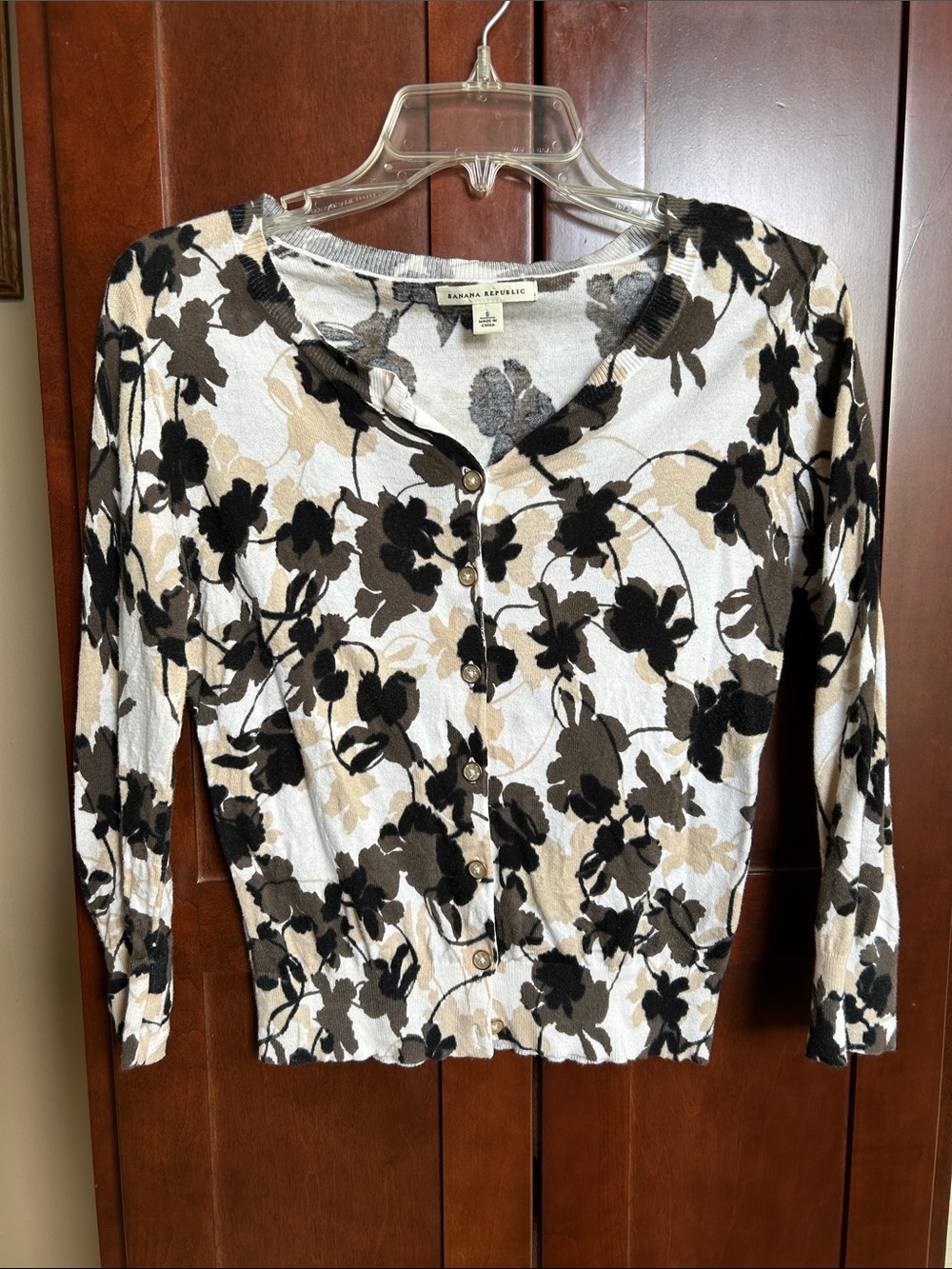 Banana Republic Floral Button-Front Sweater— Black, Brown & Cream - S